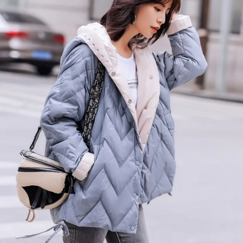 Warm Thick Knitted Patchwork Hooded Down Coat Winter Women White Duck Down Jacket Parkas Female Single Breasted Short Outwears