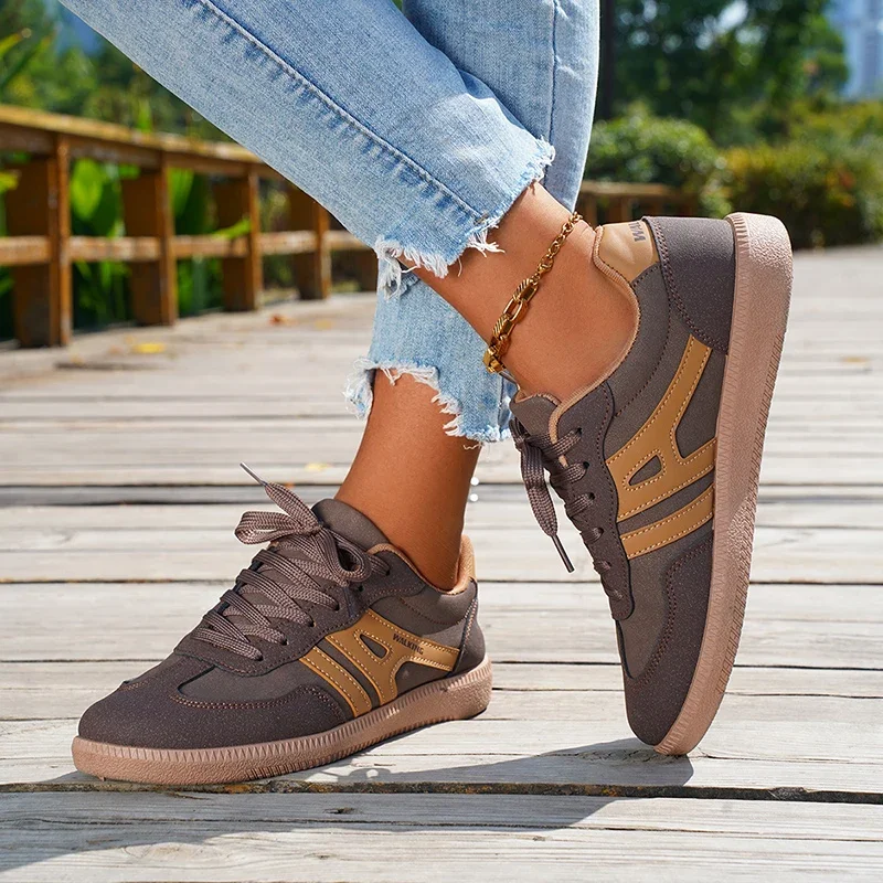Mix Color Women\'s Autumn Sneakers Fashion Splicing Flat Heel Vulcanized Shoes Female Lace-Up Non-Slip Pu Leather Casual Shoes