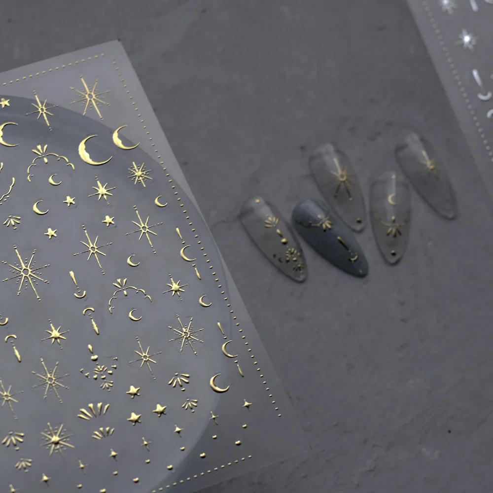 2pcs Gold/Silver Star/Sun/Moon Bronzing Nail Art Sticker 3D Laser Star Moon Nail Decal Gold Silver Self-Adhesive Nail Slider