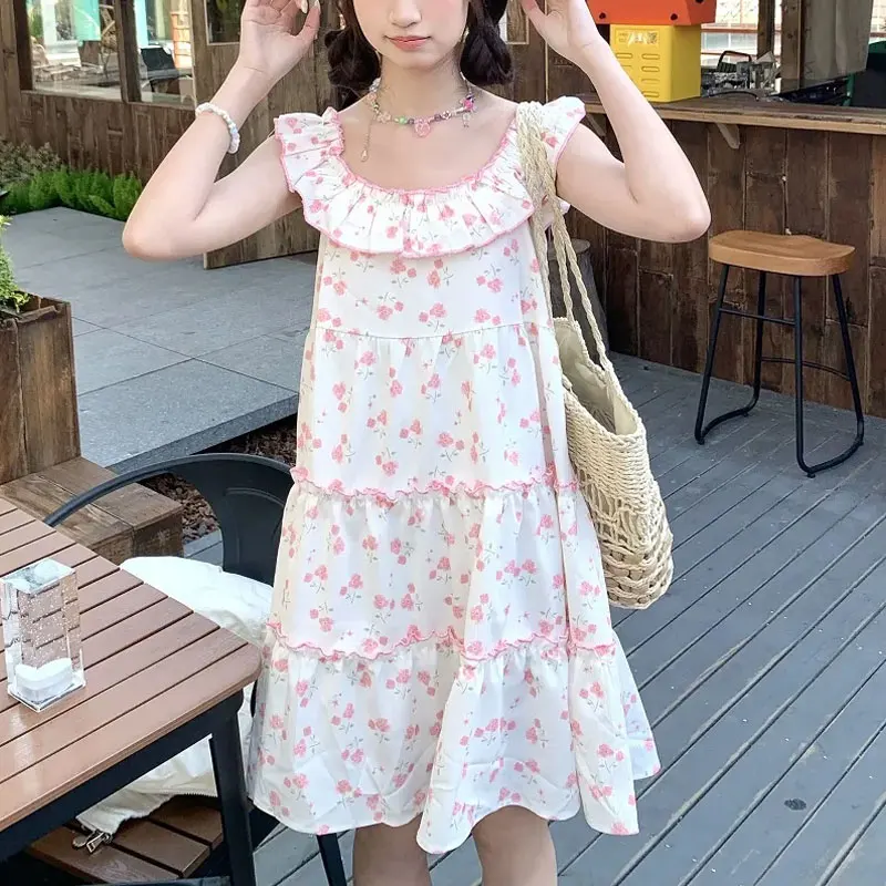 

Sweet Broken Flowers Aura Mini Dress Female Clothing Round Neck Summer Fashion Ruffles Patchwork French Style Sleeveless Dresses
