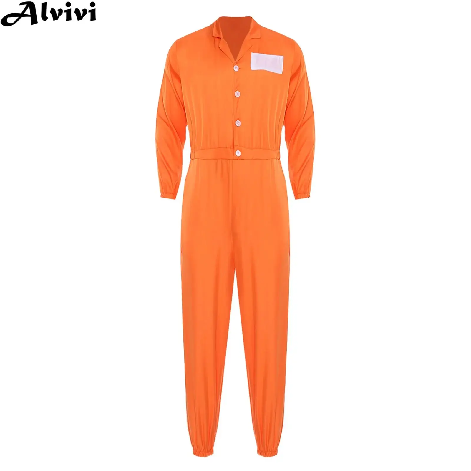 Men Women Long Sleeve Lapel Prison Jumpsuit Halloween Carnival Prisoner Inmate Criminal Convict Cosplay Costume Jailbird Uniform