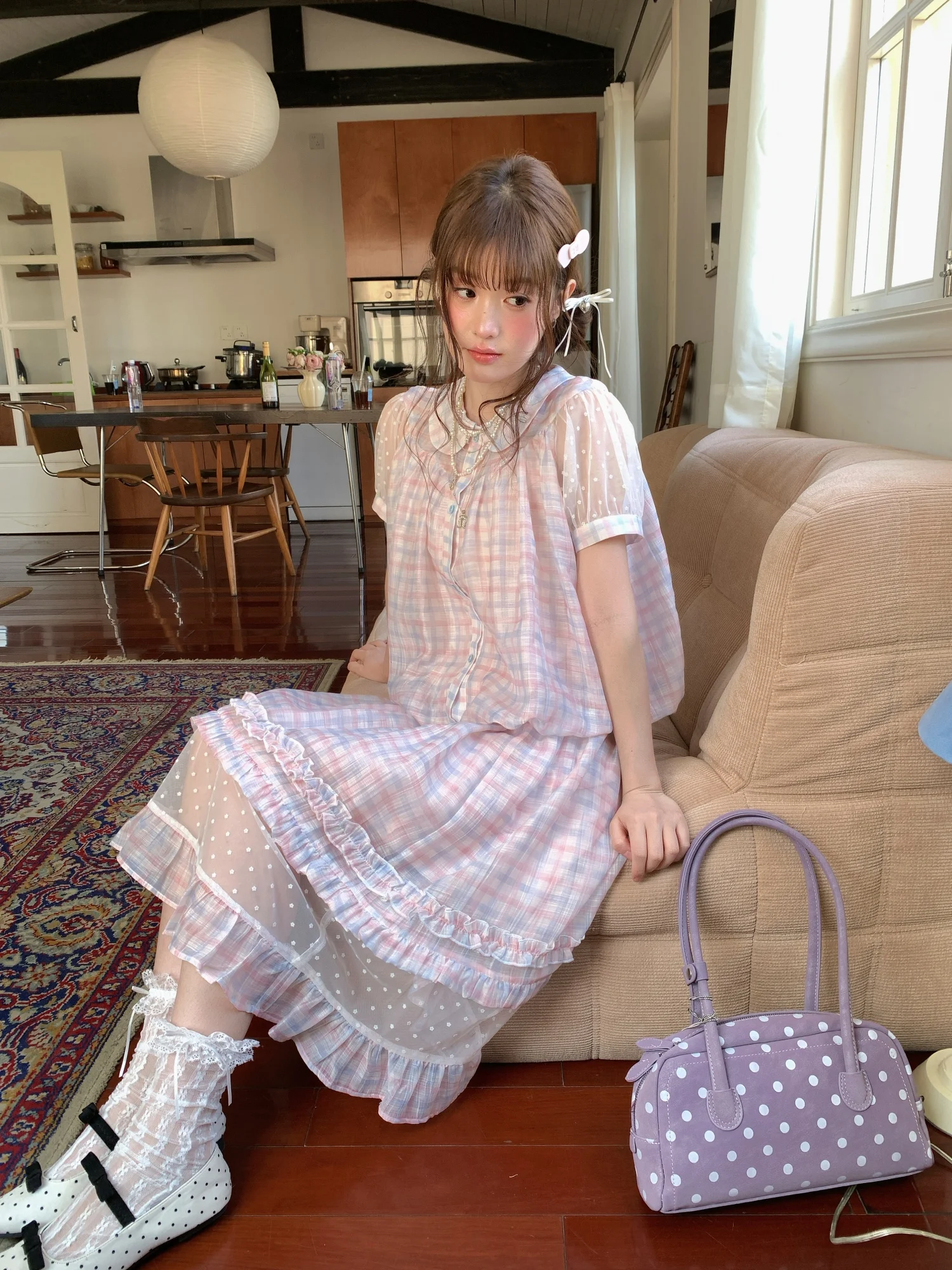 Ruan Ruan Rainbow Cotton Candy Doll Collar Floral Halter Skirt Set Women Summer Design Checkered  Dress Two-Piece Suit