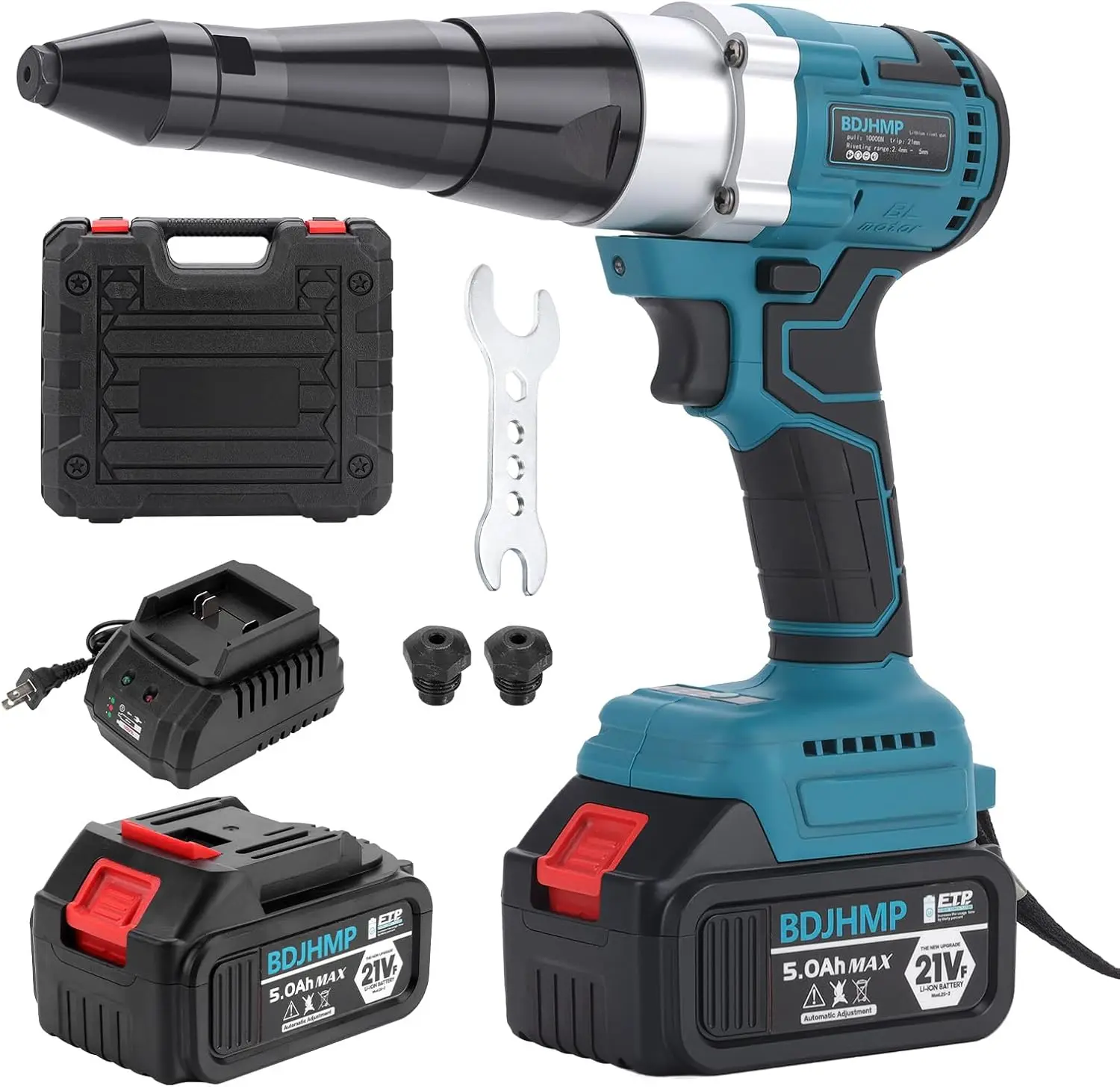 Cordless Rivet Gun, 2248 lbf Electric Riveter Kit for 1/8', 5/32', 3/16' Rivets with 2x 5.0Ah 18V Batteries