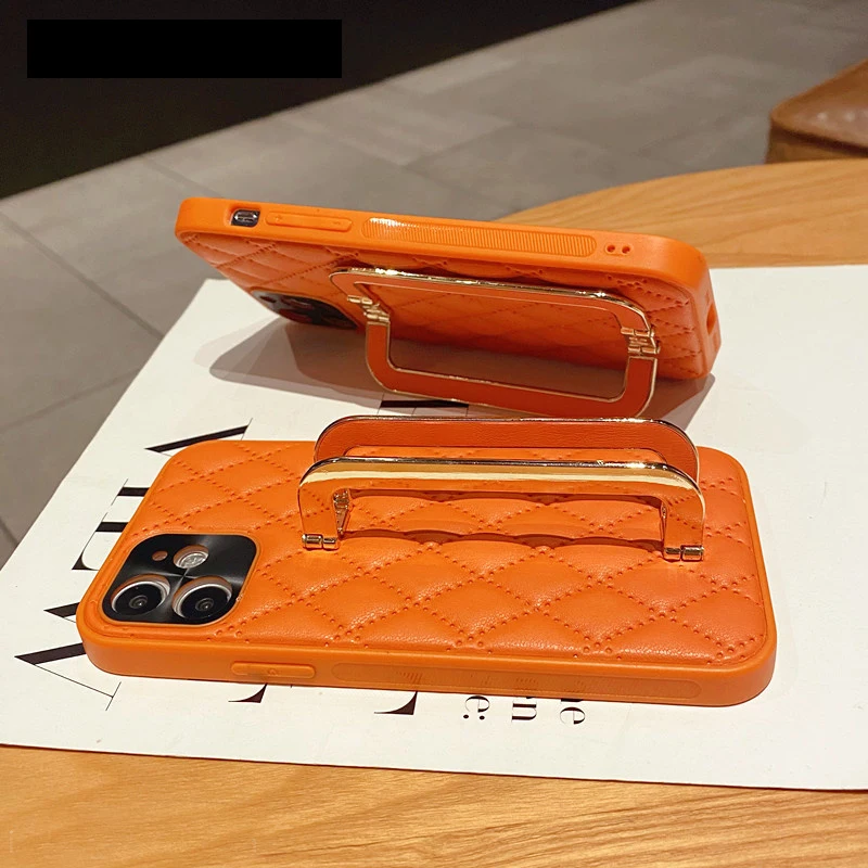 Fashion Metal Square Holder Orange lattice Leather Phone case For iPhone 13 12 11 Pro X XS Max XR 7 8 Plus Protection Cover