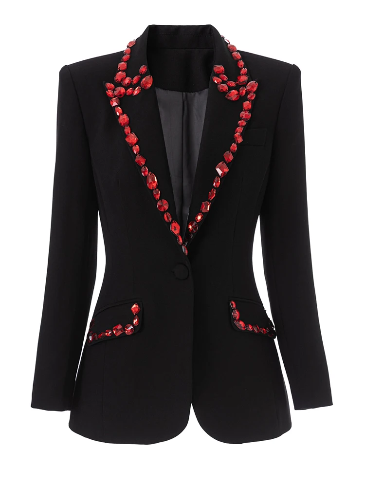 سترة نسائية سوداء مع طية صدر وجيوب مزينة بالكريستال الأحمر، سترة أنيقة للحفلات المسائية، مناسبة رسمية، ملابس خارجية #3