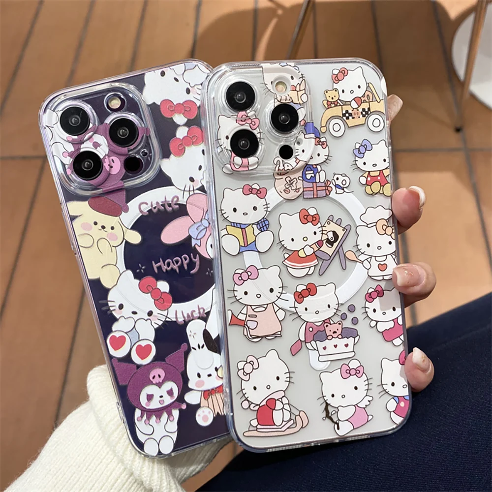 Cartoon Hello Kitty for Magsafe Magnetic Bracket Phone Case for IPhone 16 15 14 13 12 11 Pro Max Plus Anti-fall Clear Back Cover