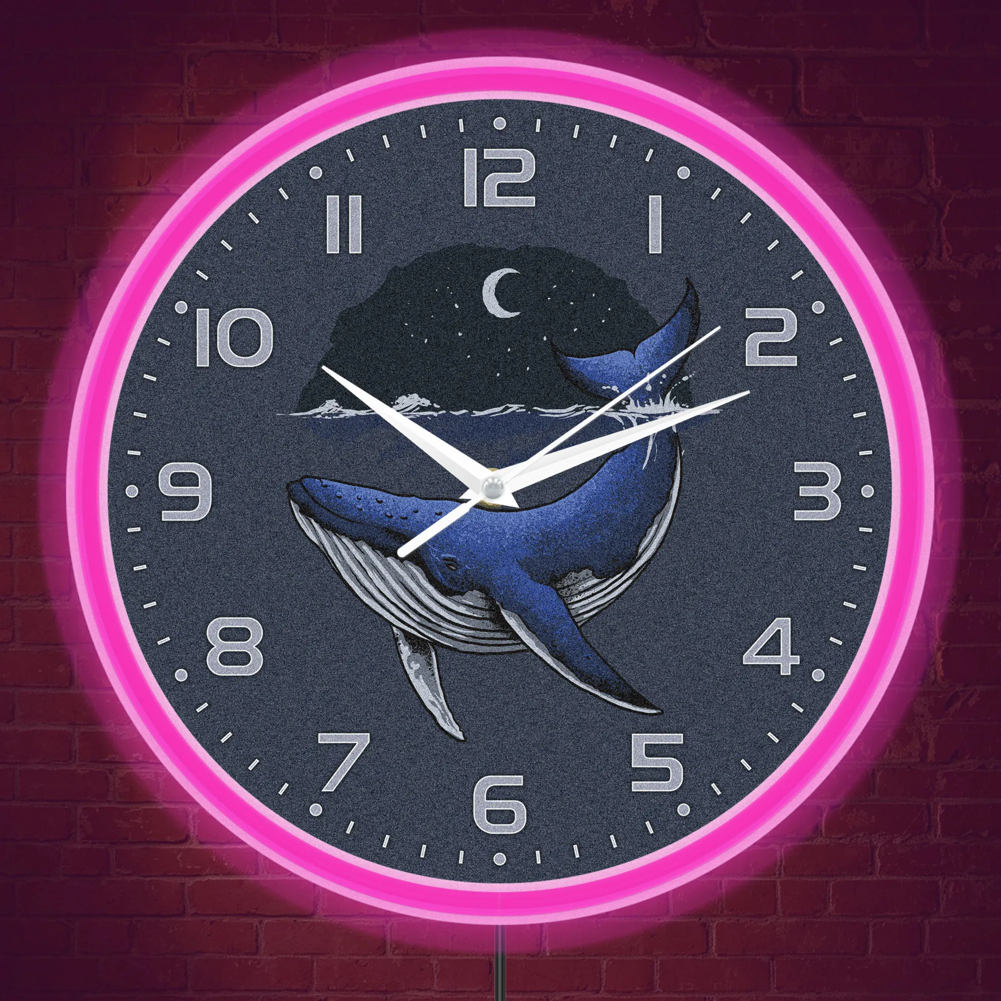 Starry Moon Sea Night Blue Whale Neon Rim Wall Clock Nautical Ocean Decor Underwater Sea Wildlife LED Night Light Wall Clock