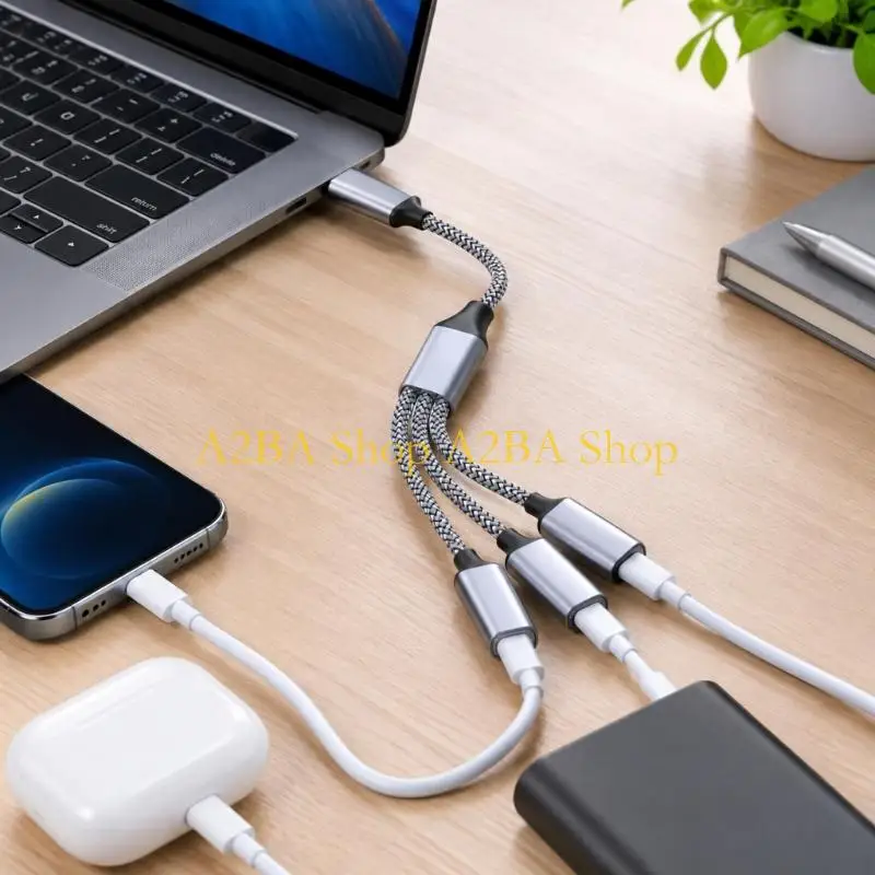 A2BA Three-Way USB C Charging and Data Splitter with Male Input, No Reverse Charging, and No Display Output Support