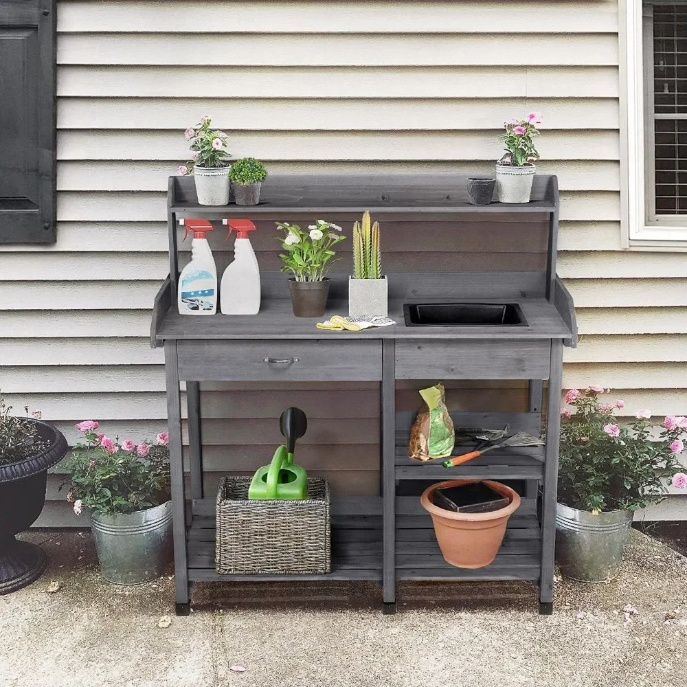 

Potters Benches Garden Workstation Potting Bench Table for Horticulture with Drawer/Adjustable Shelf Rack/Removable Sink