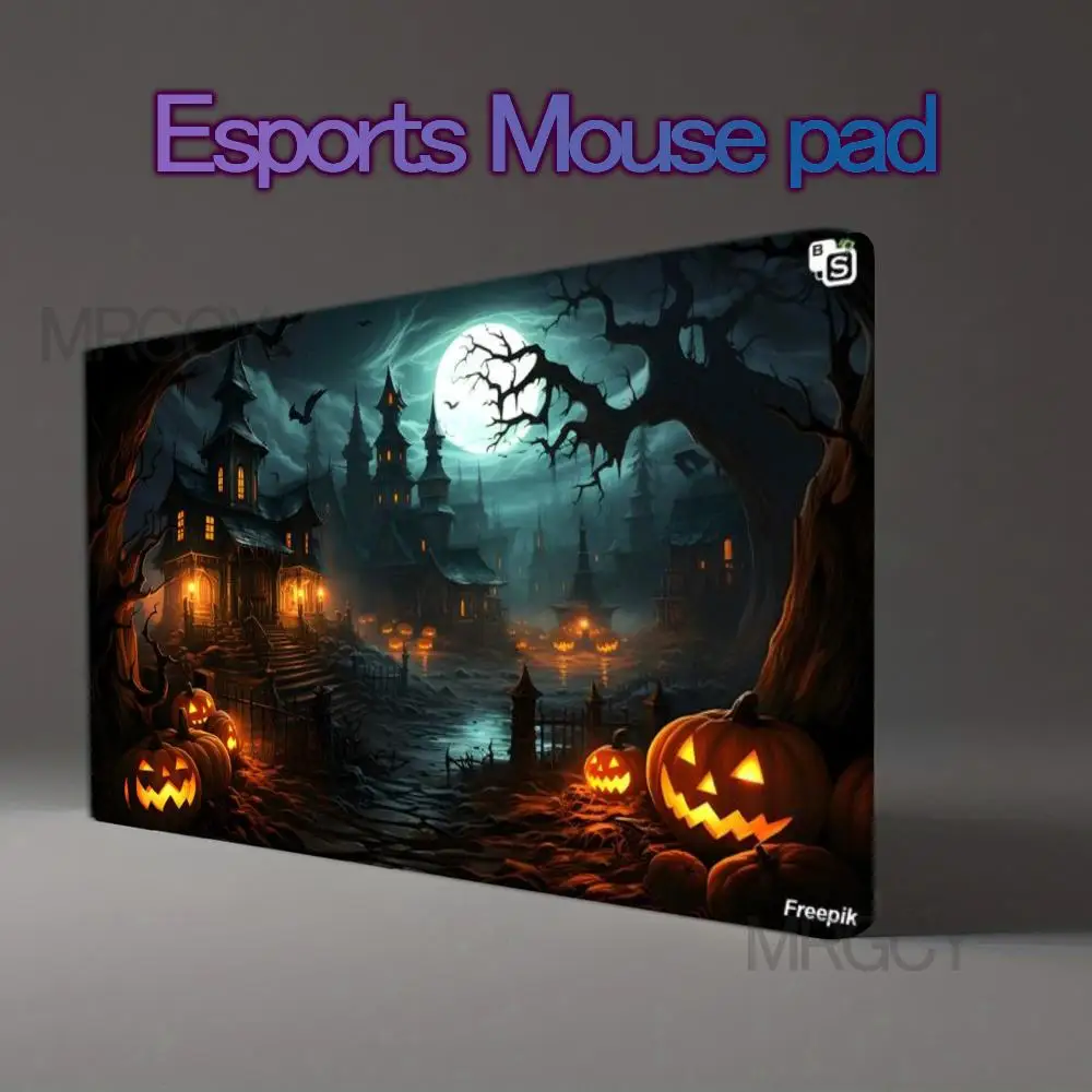 Halloween Night Haunted Castle Pumpkin Lantern Playmat, Non-Slip Rubber Large Desk Pad, Gaming Mousepad for Trading Card Game