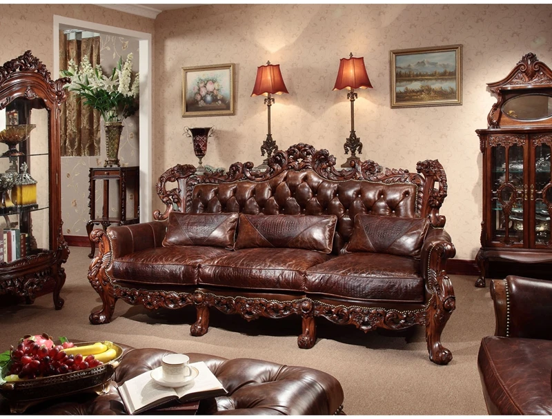 Living room combination American country solid wood sofa chair heavy industry carved reddish brown blue leather retro texture vi