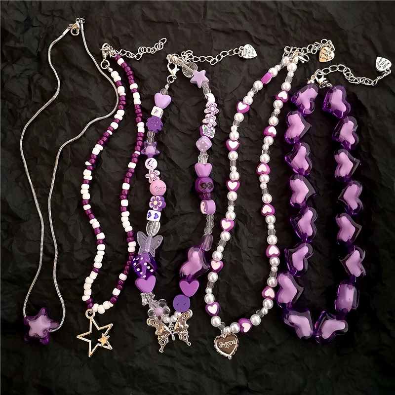 Vintage Y2k Cute Heart Butterfly Pendant Purple Acrylic Beaded Chain Choker Necklace Goth Egirl Aesthetic EMO Grunge Accessories