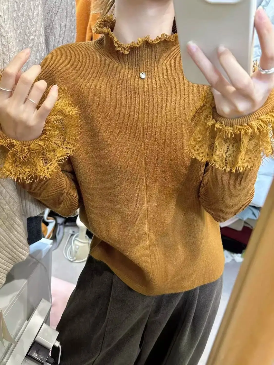 

Women Lace Knitted Sweater Half High Collar Warm Autumn Winter Knitwear Top