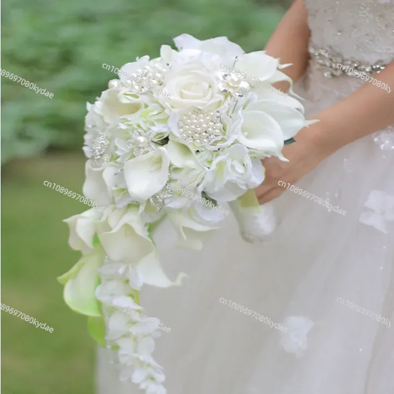 New Wedding Bride Holding Flower PU Calla Lily Drill Buckle Water Drop Waterfall Photo Holding Bouquet Bridesmaid Flower