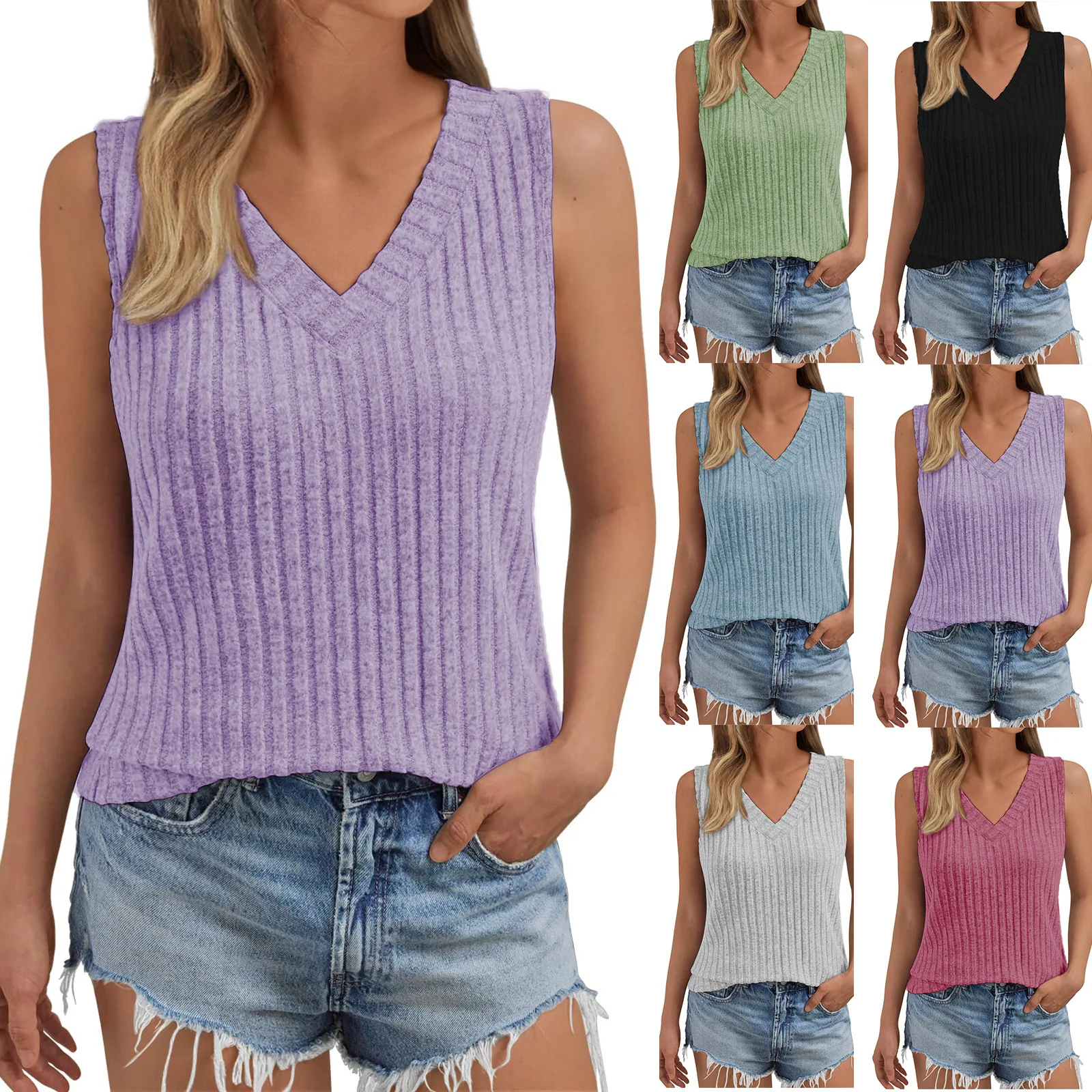 

Women's Casual Tank Tops Knitted Elastic Fabric Sleeveless Blouses Female Solid Color V-Neck Ribbed Vest Vertical Stripe T-Shirt