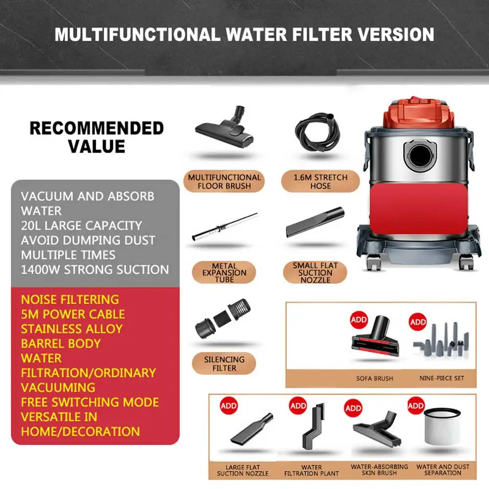 20L household water filtration vacuum cleaner Multifunctional vacuum cleaner 1400W dual purpose dry and wet vacuum cleaner