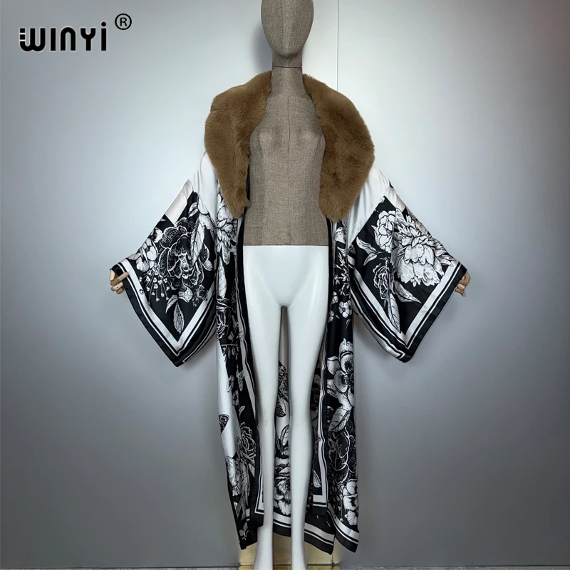 위니이 보헤미안 실크 느낌 기모노 인조 모피 칼라 코트 파티 드레스 아바야 두바이 럭셔리 무슬림 여성 패션 오픈 프론트 카프탄