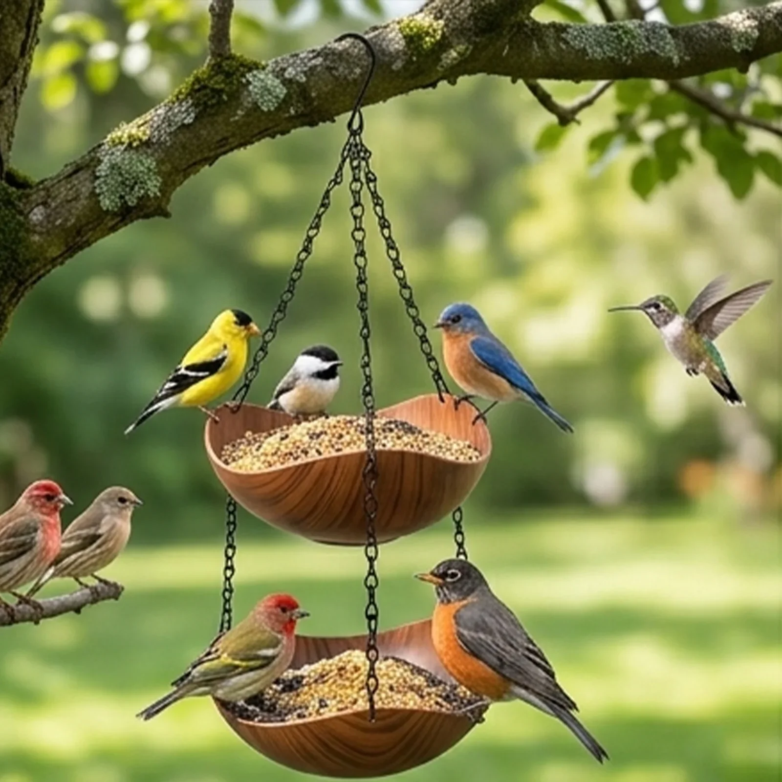Retro Hanging Bird Feeder Tray Bird Bath 1/2 Tier Grain Water Bowl with Metal Chain Hook Garden Outdoor Yard Courtyard Decor