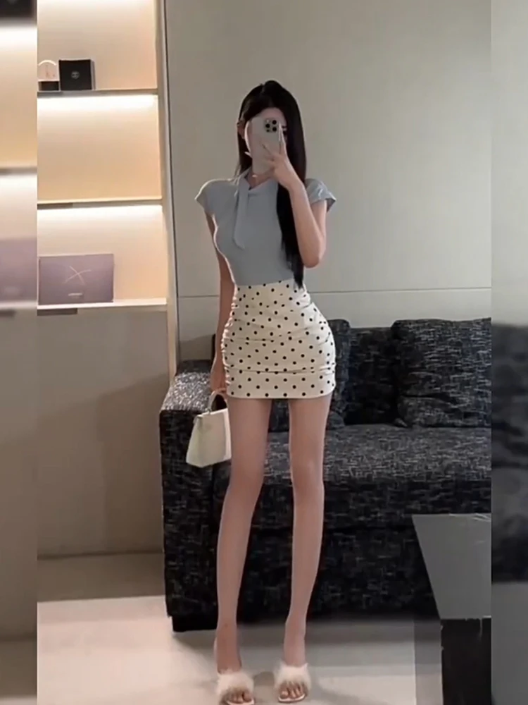 

Slim Fit Polka Dot T-irt And Skirt Set Women's Summer Faion plus Size Clothing Korean Sle Commute Casual Polyester Fiber