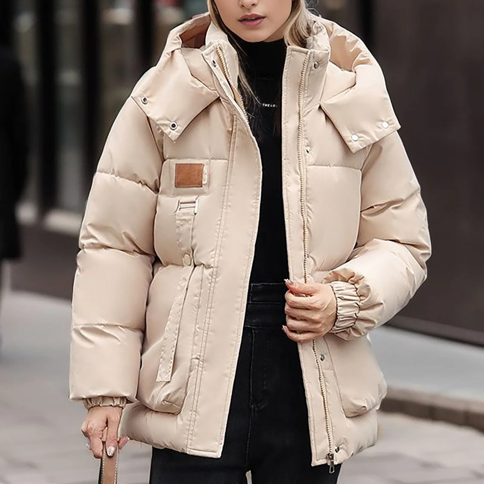 down Puff Jacket Women Bubble Purses Women Winter Fashion Solid Color Detachable Hooded Thickened Down Coat With Double Large