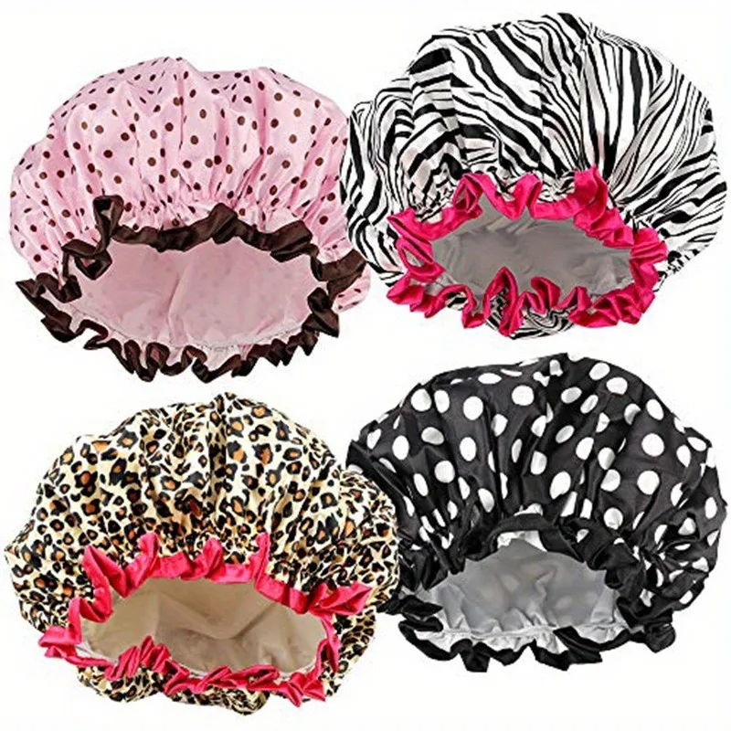 

1PC Waterproof Shower Cap Leopard Print Double Layer Elastic Shower Hair Cover Reusable Wave Point Shower Cap Bathroom Supplies