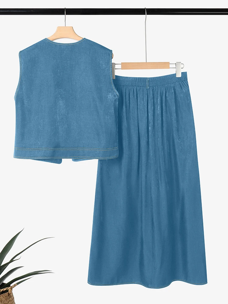 ZANZEA Elegant Denim Dress Sets Women Pockets Sleeveless Vests and Long Skirts Fashion Summer Casual Loose Solid 2 Piece Sets image 5