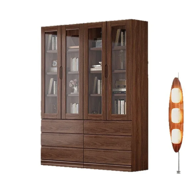 

New Chinese solid wood bookcase, study cabinet integrated, black walnut opposite door, household filing cabinet