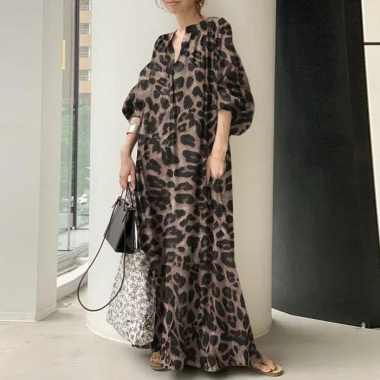 MODX Japanese and Korean New Leopard Print Standing Neck Bubble Sleeve Fashion Loose Casual Bohemian Shirt Dress