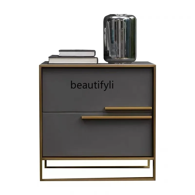 

A50 Легкая роскошная прикроватная тумбочка из цельного дерева, прикроватная тумбочка для спальни с металлическим каркасом, простая современная кожаная прикроватная тумбочка для художественного шкафа