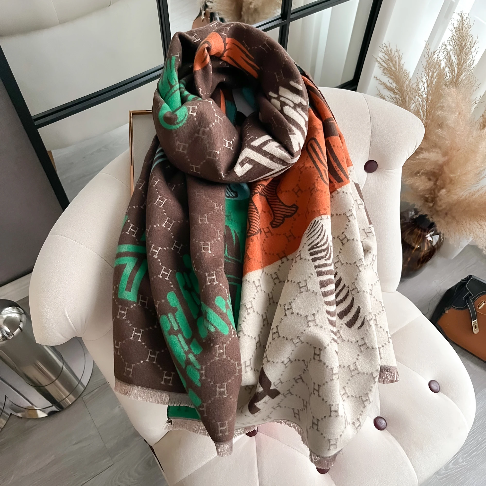 latest Elegant Pashmina Double-Sided letter Jacquard Scarf with Fringe - Thick, Warm, and Windproof for Winter Outdoor Shawl