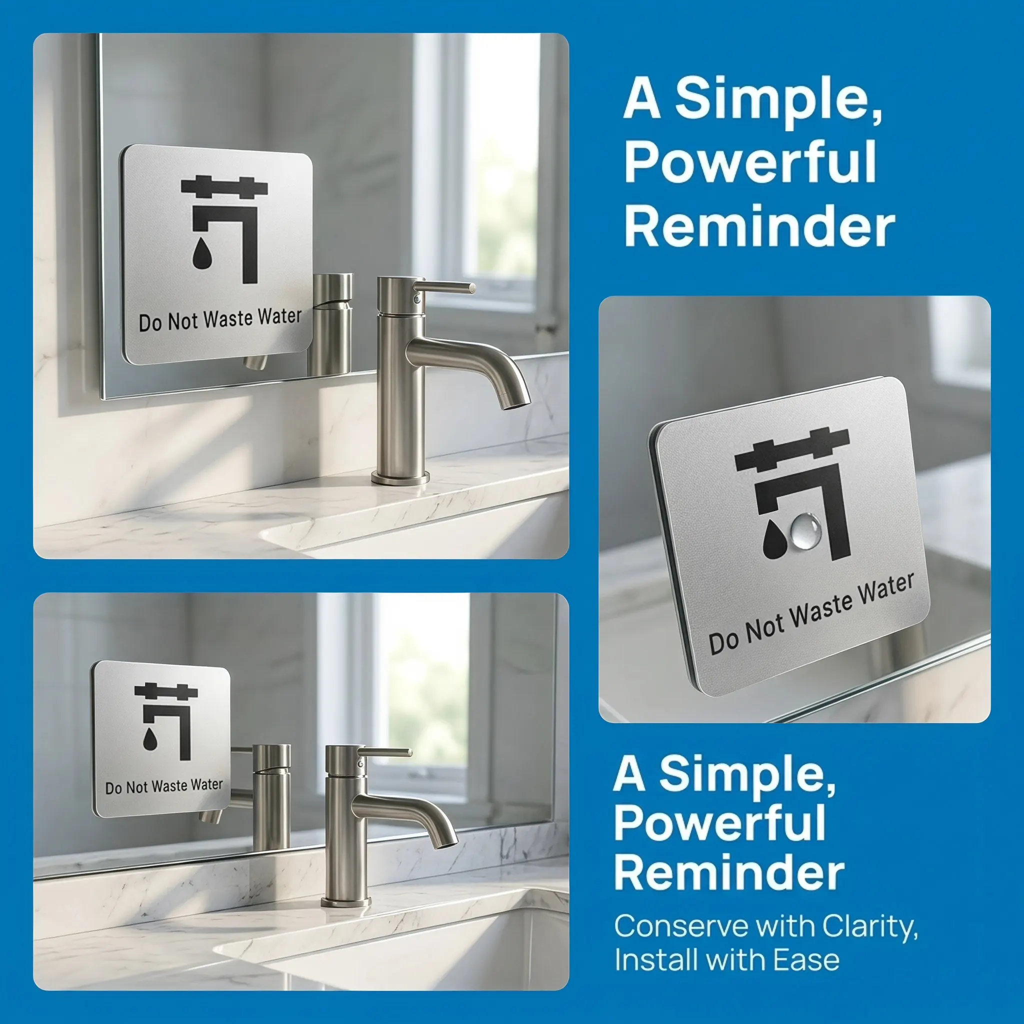 Water Conservation Sign Stop Water Waste Self Adhesive Wall Sticker for Bathroom Office School Public Areas