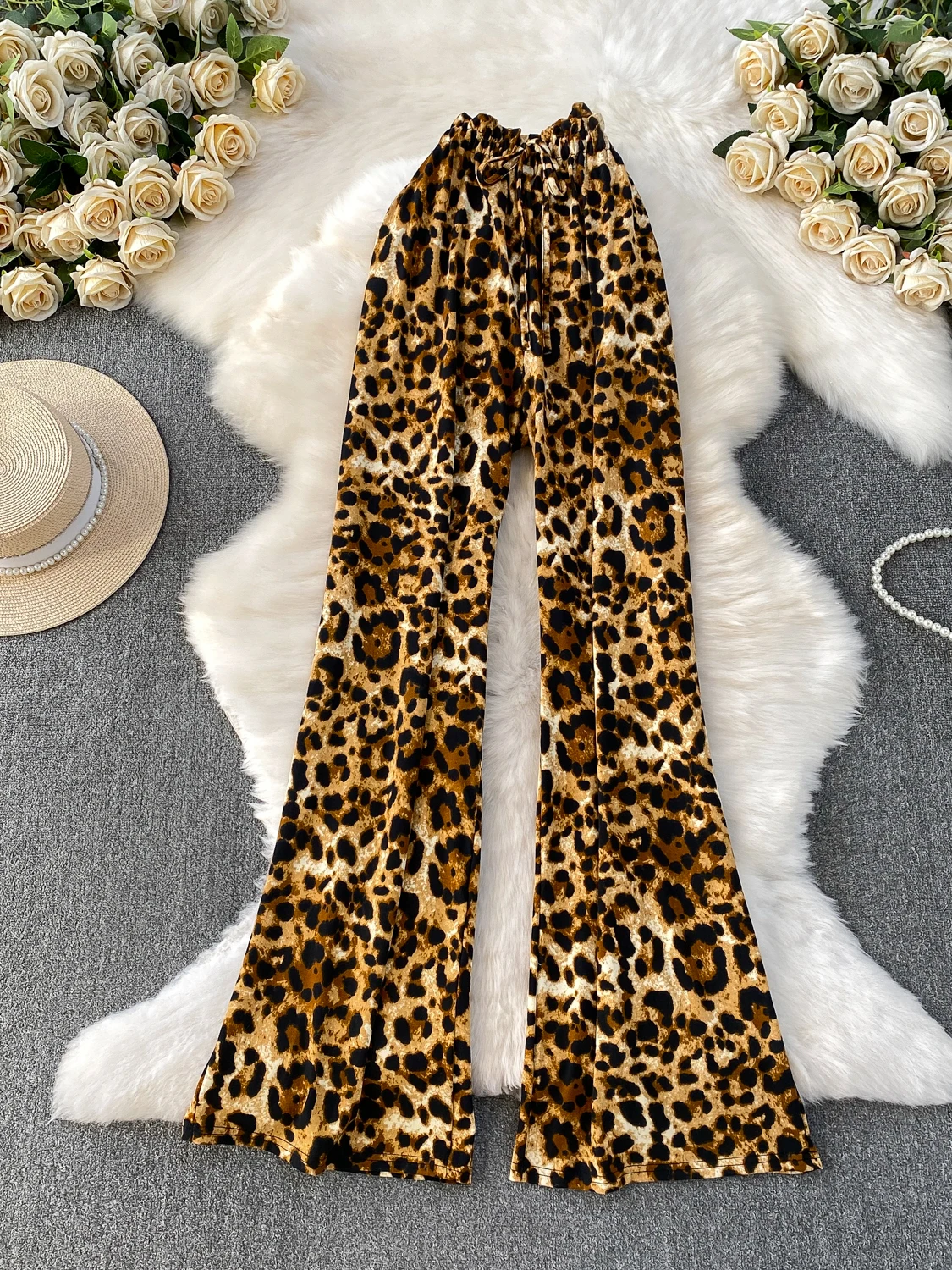 العصرية ليوبارد طباعة بنطال ذو قصة أرجل واسعة المرأة عادية عالية الخصر التخسيس متوهج السراويل ربيع الخريف جديد Sle الساخن فتاة Faion #2