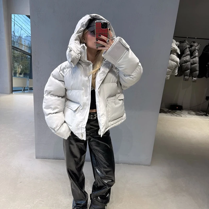 Kapuzenjacke mit Großen Taschen, Übergroße Gefütterte Jacken für Damen, Street-Style, Stehkragen, Lange Ärmel, Reißverschluss, Einfarbig, Lose Pufferjacken, Neue Oberbekleidung – Detail 19