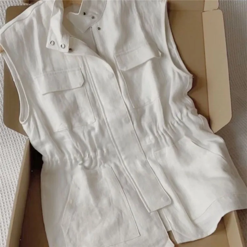 

2025 New Summer White Sleeveless Fashion Vest Jacket Women Chinese Style Soft Elastic Waist Pockets Zipper WaistCoat