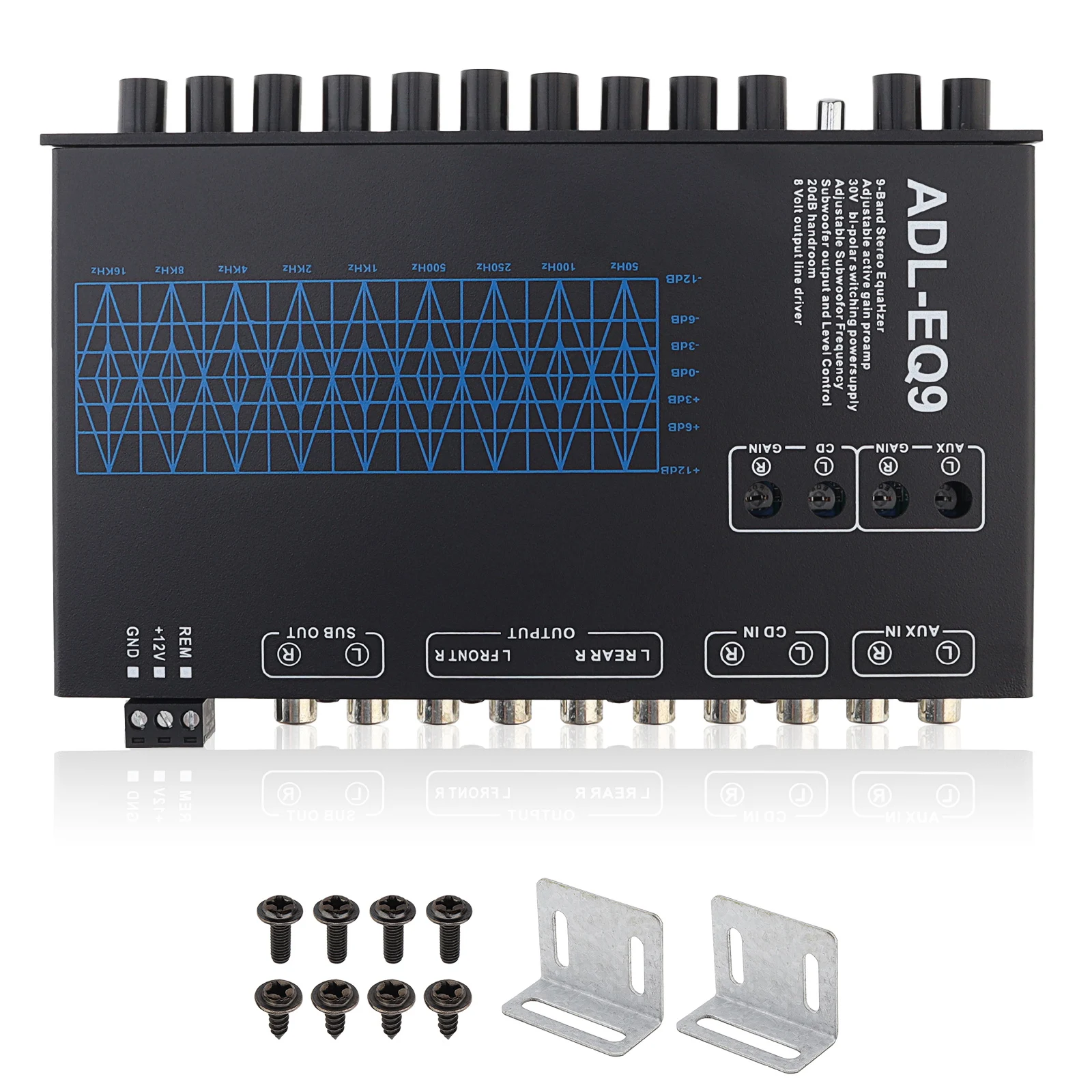 9-Band Noise Reduction DSP Car Audio Equalizer with Independent Subwoofer Output, 8V RMS Frequency Divider