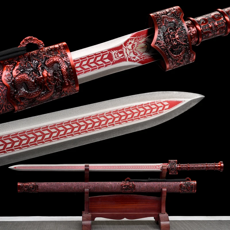 Tradition Han Sword Manganese Steel Blade Real Full Tang Ready Training Chinese Jian Red Dragon King Kongfu Katana collection