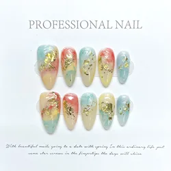 10pcs Shiny Colorful Almond Fake Nail Patches Handmade Chinese Style Press On Nails Gold Foil Sequins Smudging False Nails Art