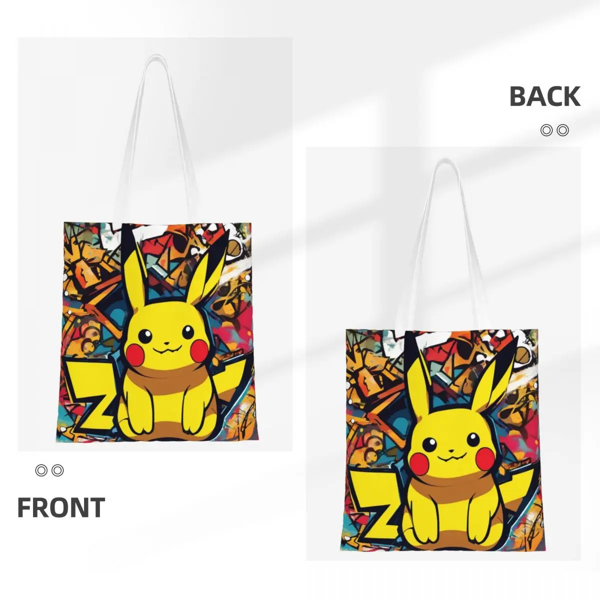 Custom Cartoon Animation Pokemon Pikachu Groceries Shopping Bag Funny Print Canvas Shopper Tote Shoulder Bag Durable Handbag