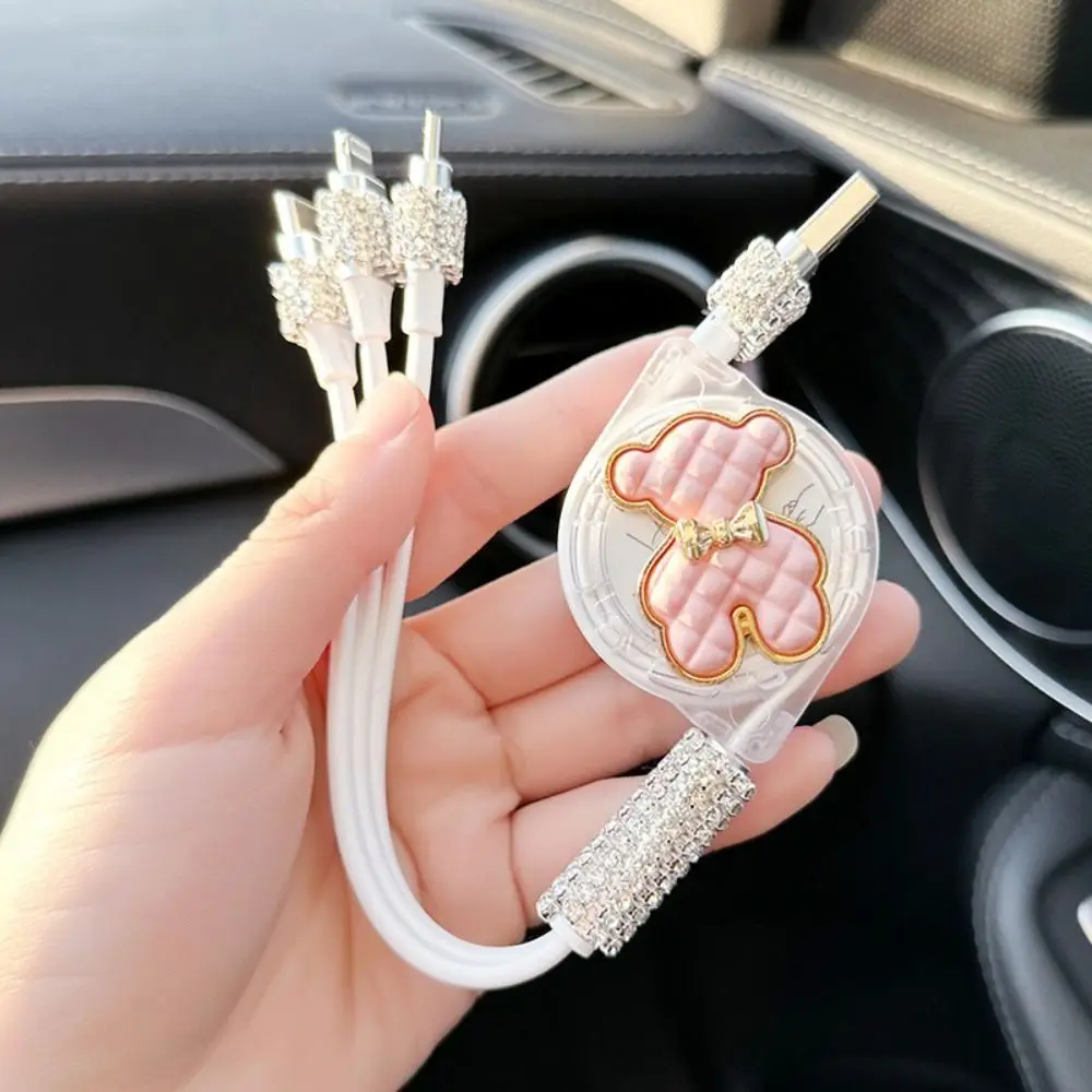 Rhinestone 3 in 1 Car Charger 3 in 1 Retractable 3 in1 USB Charger Cable Cute Car Charger 3 in1 Fast Charger Cord Women