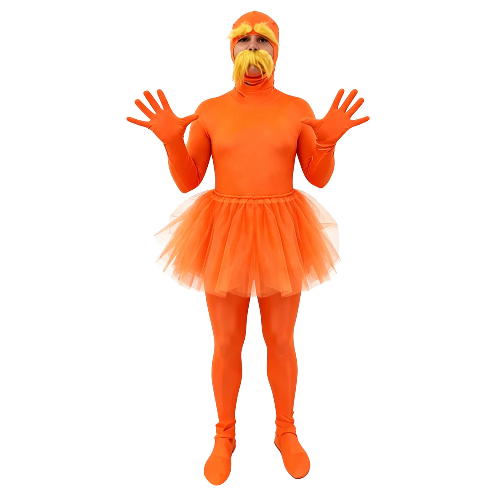 Disfraz de Halloween para hombre, de color naranja, con guantes, manga larga, mono de cuerpo entero con capucha y falda de tul, incluye bigote y cejas.