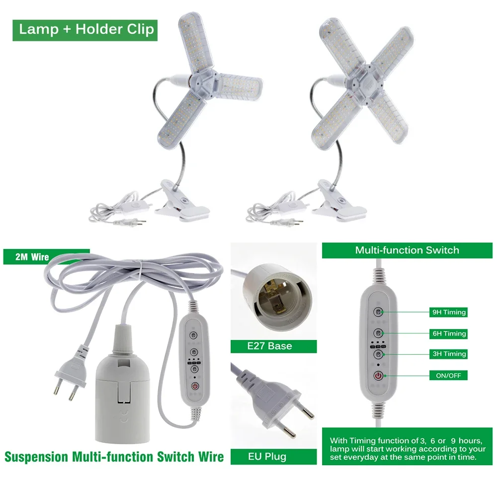 Foldable Full Spectrum LED Grow Light, Planta Crescente Luz, Phytolamp Bulb, Plantas de Interior, Flower Seedling, E27, 24W, 36W, 48W