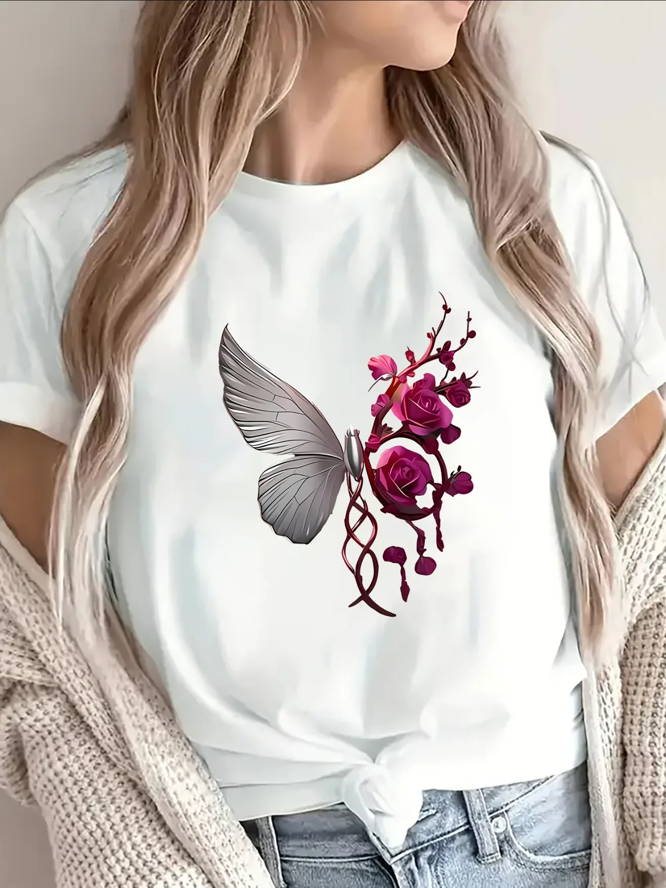 Short Sleeve T-Shirt with Butterfly and Rose Perfect for Casual Wear At Home Outdoor Activities Comfortable Fit for Everyday Use