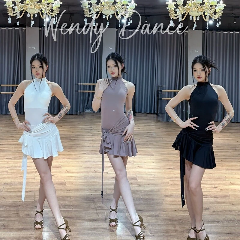 

Criss Cross Back Latin Dance Clothes Women Sleeveless Leotard Hip Scarf Skirt Adult Rumba Chacha Dance Practice Wear Black Dress