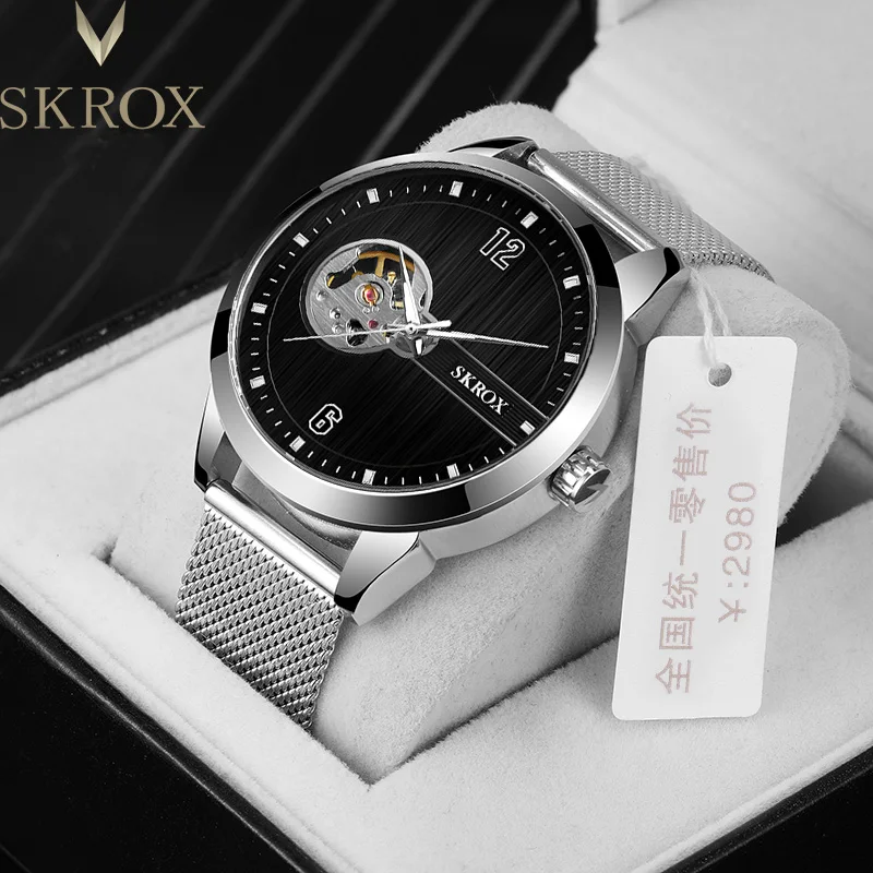 SKROX Elegant Luminous Waterproof Automatic Clockwork Tourbillon Steel Skeleton Mechanical Man Watch Wrist Watches reloj hombre