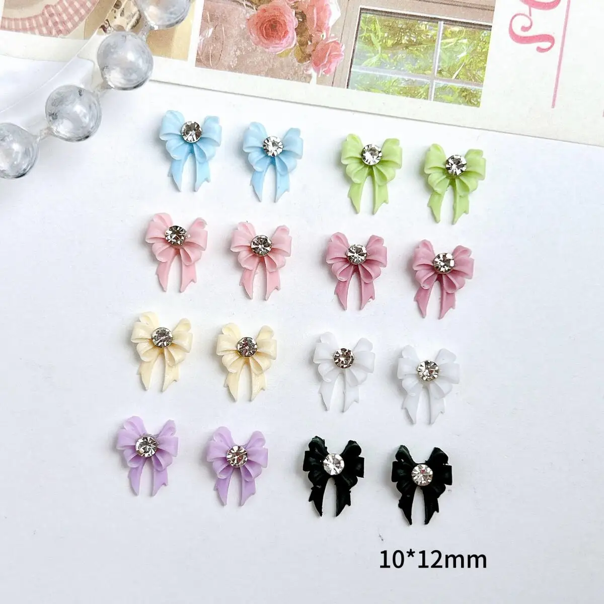 30PCS Macaron Colored Fairy Bows Resin Nail Art Decorations 3D Mini Transparent Rhinestones Inlaid Bow Nail Charms for DIY Nails