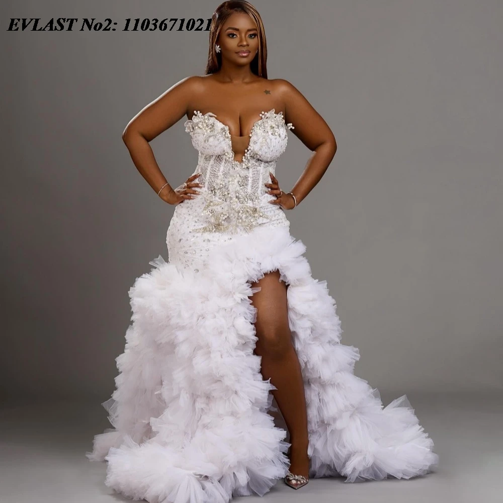 EVLAST Customized Aso Ebi Mermaid Wedding Dress Side Slit Pearls Beaded Crystal Tiered Bridal Gown African Robe De Mariee MD39