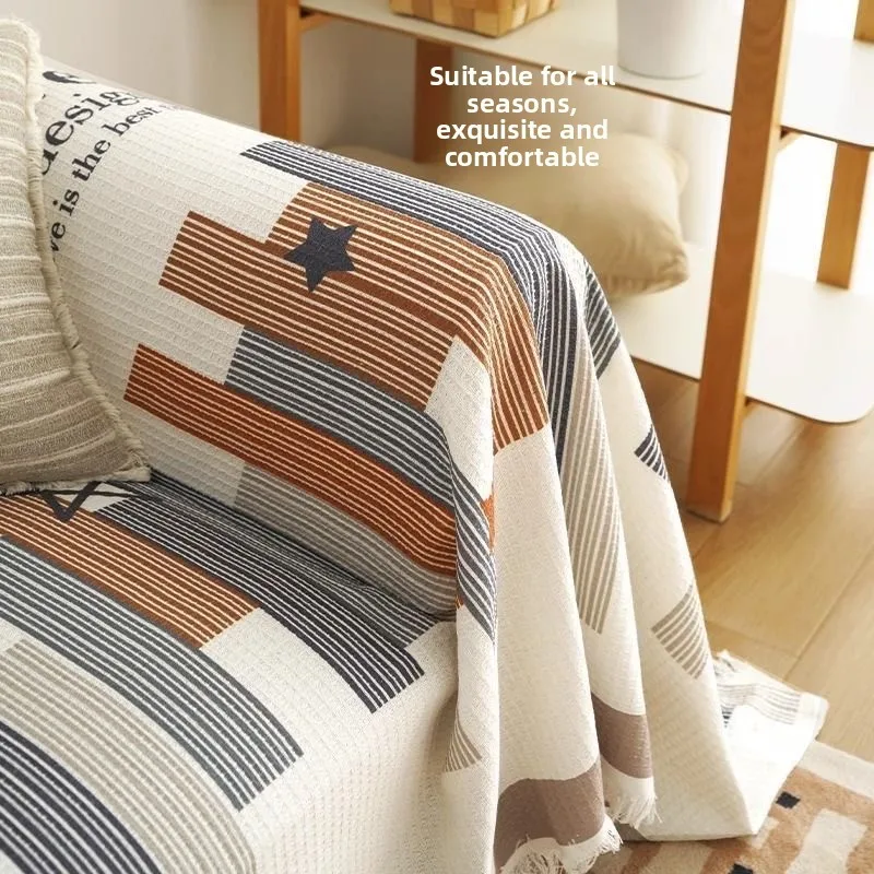 Modern Simple Style Sofa Cover Cloth Whole Cover Cotton Linen Anti-Slip Three-Seater Universal Seasonal Protection Shield