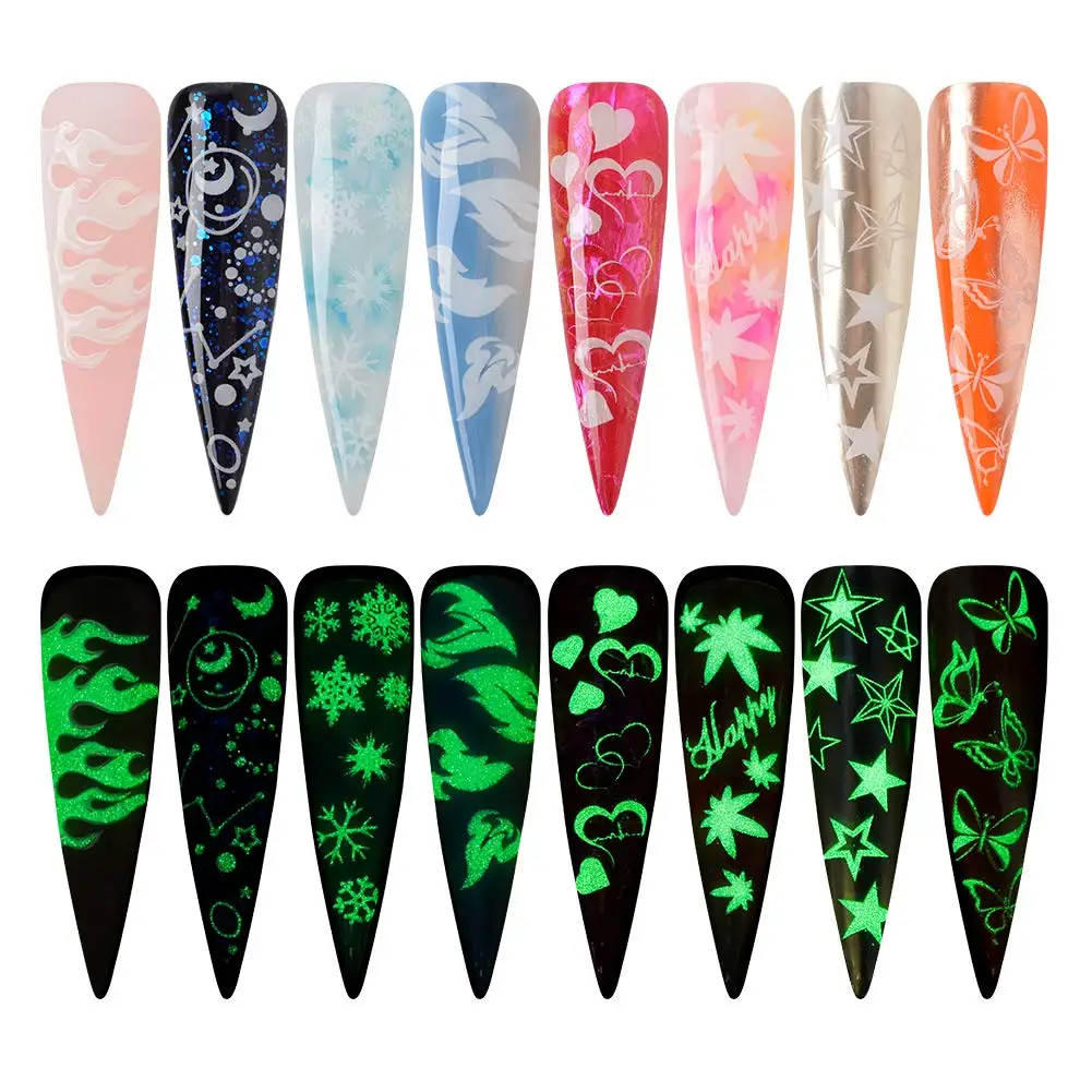 16개 발광 크리스마스 네일 스티커 9.5*7.5cm 사슴 눈송이 슬라이더 데칼 셀프 접착 네일 랩 스티커 매니큐어 슬라이더