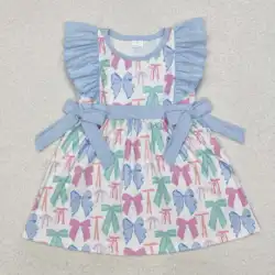 new rts summer infant girls skirt fashion wholesale boutique girls bow pattern blue short sleeve dress