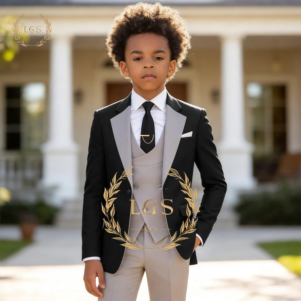Boys' Custom Tailored 3-Piece Formal Suit – Contrast Lapel Blazer, Grey Waistcoat & Tailored Pants for Banquets & Birthdays